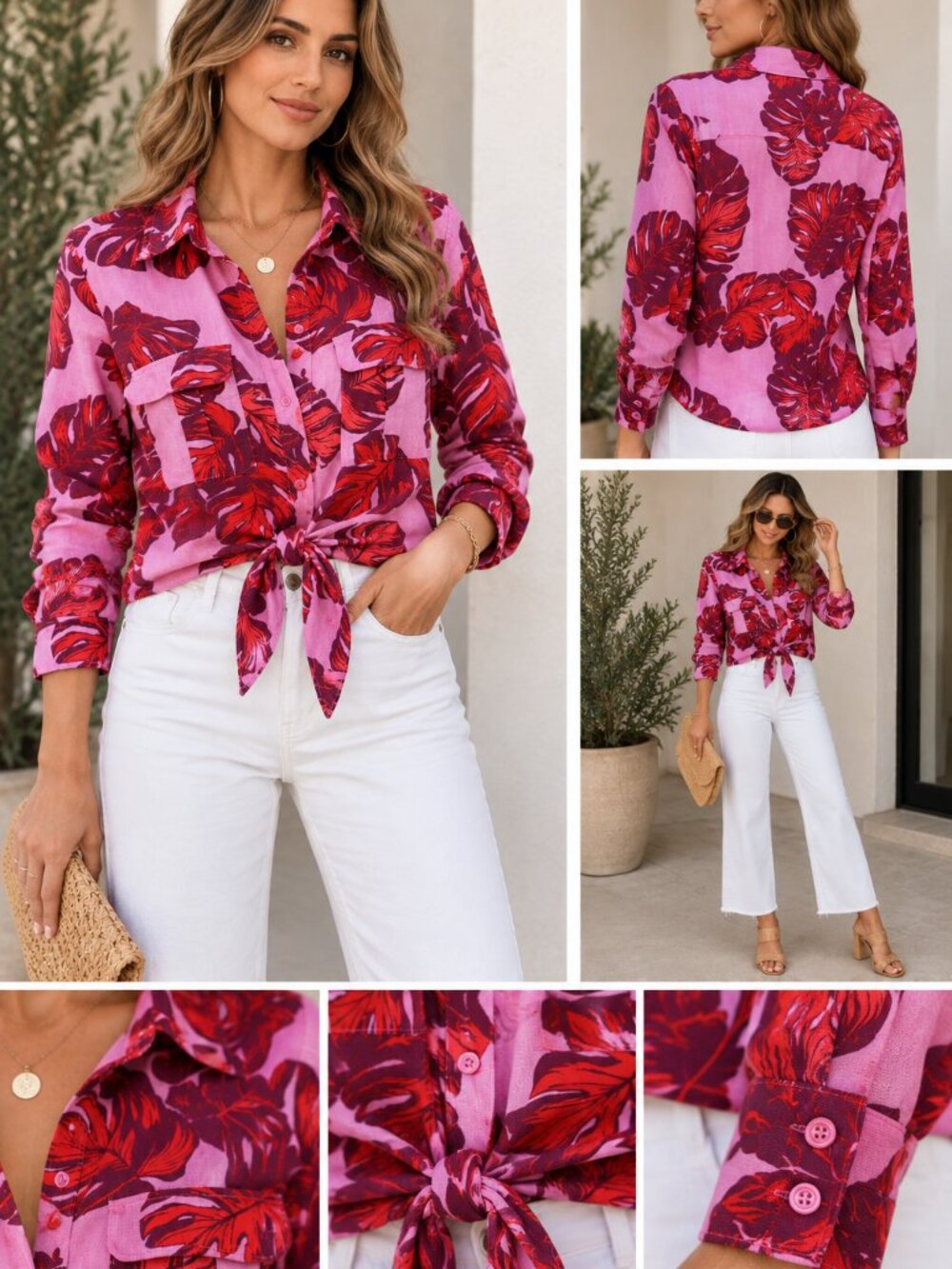 Sofia Jeans by Sofia Vergara Tropical Leaf Tie-Front Shirt